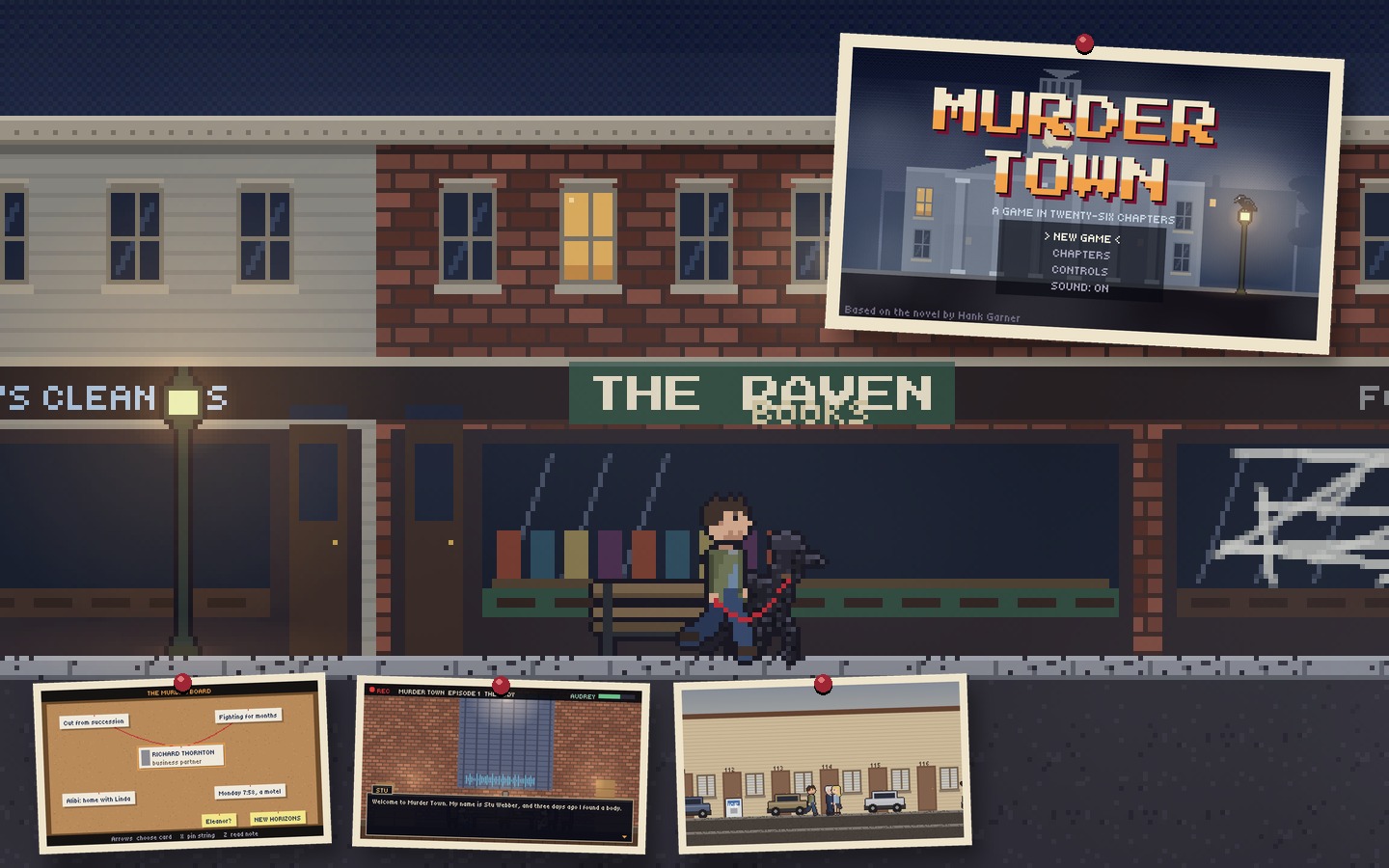 Pixel art of Stu and Watson walking past The Raven bookstore at night, with the game's title screen and three gameplay stills pinned around it