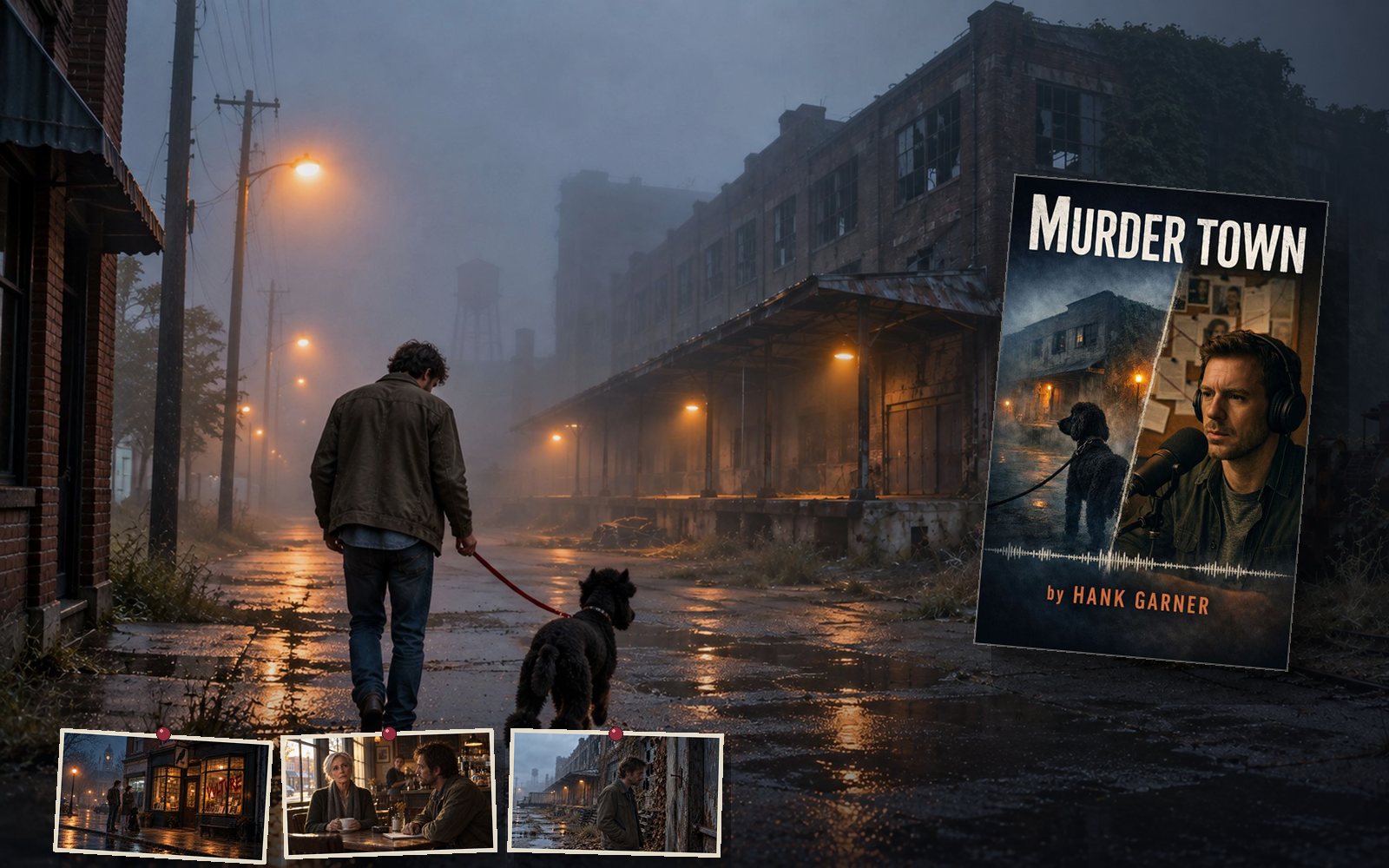 Stu and his dog Watson walking into the fog toward the Miller warehouse, with the Murder Town cover and three scene stills pinned along the bottom